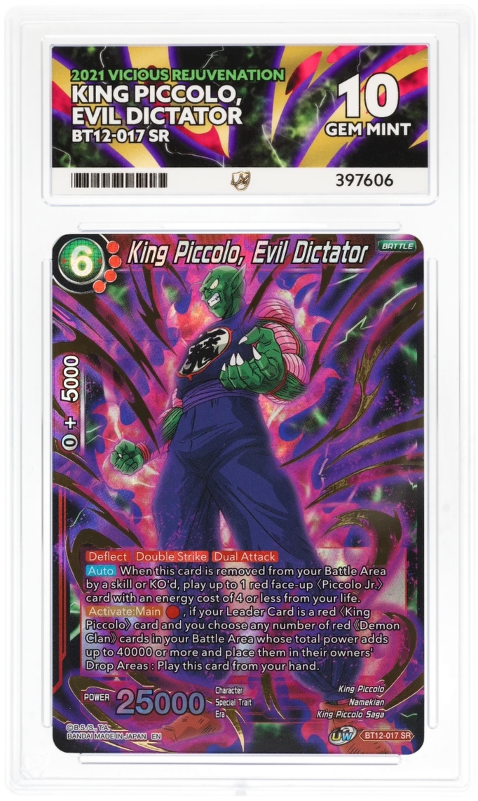 GRADED "King Piccolo, Evil Dictator — Vicious Rejuvenation BT12-017 — ACE 10 GEM MINT"