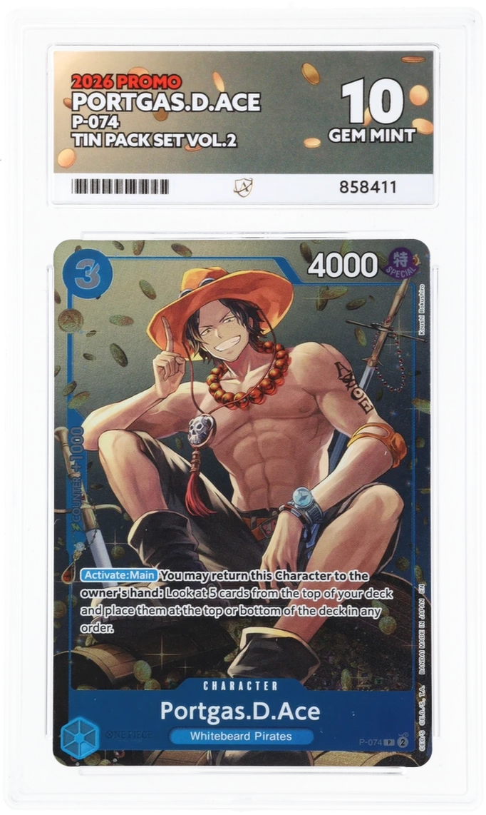 GRADED "Portgas.D.Ace — Promo P-074 — ACE 10 GEM MINT"